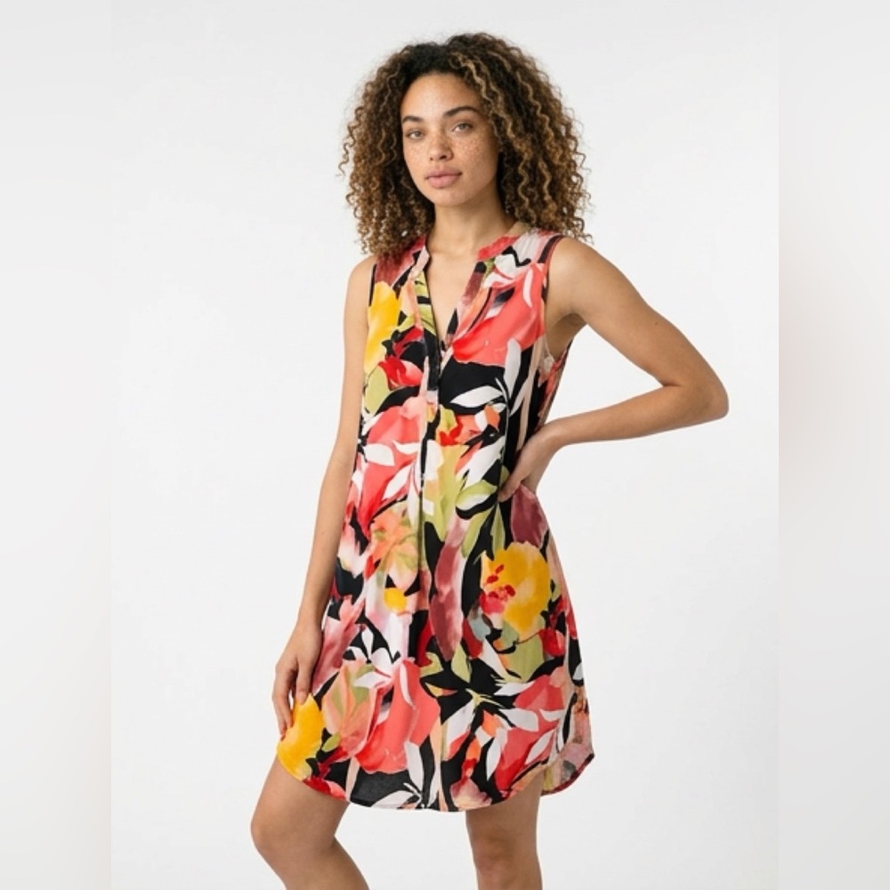 Papillio Black Floral V-Neck Midi Dress with Yellow & Pink Blooms